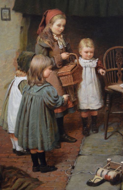 GENRE OIL PAINTING OF CHILDREN PLAYING IN A COTTAGE BY HARRY BROOKER - ADDITIONAL PHOTO 3