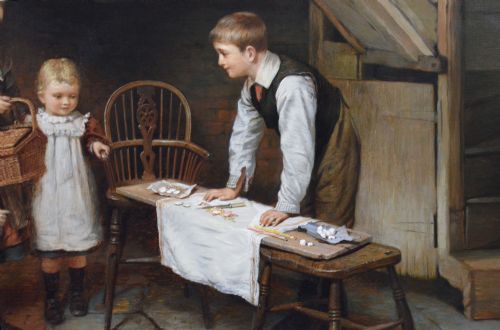 GENRE OIL PAINTING OF CHILDREN PLAYING IN A COTTAGE BY HARRY BROOKER - ADDITIONAL PHOTO 4