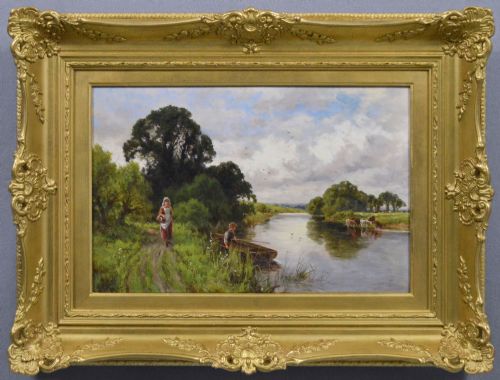 RIVER LANDSCAPE OIL PAINTING OF FIGURES AT THE THAMES BY HENRY H PARKER