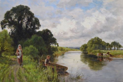 RIVER LANDSCAPE OIL PAINTING OF FIGURES AT THE THAMES BY HENRY H PARKER - ADDITIONAL PHOTO 1