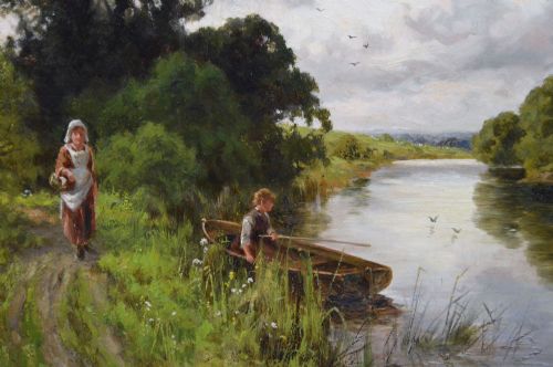 RIVER LANDSCAPE OIL PAINTING OF FIGURES AT THE THAMES BY HENRY H PARKER - ADDITIONAL PHOTO 2