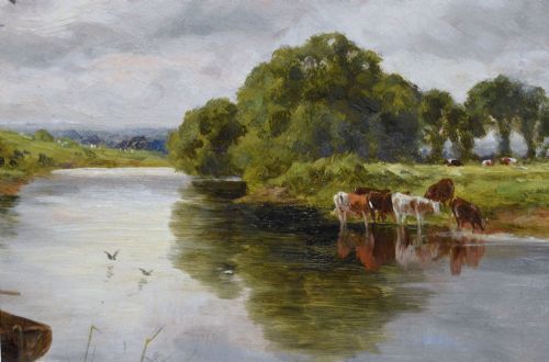 RIVER LANDSCAPE OIL PAINTING OF FIGURES AT THE THAMES BY HENRY H PARKER - ADDITIONAL PHOTO 3