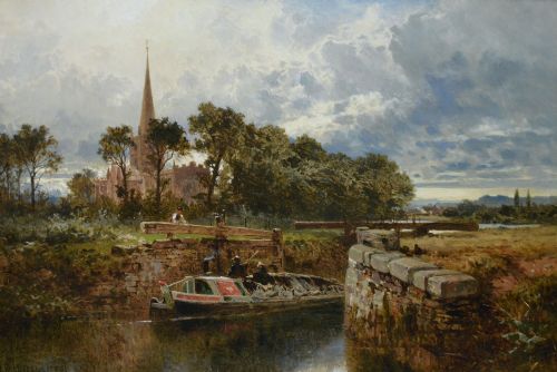 LANDSCAPE OIL PAINTING OF A CANAL BOAT AT STRATFORD UPON AVON BY BENJAMIN WILLIAMS LEADER RA - ADDITIONAL PHOTO 1