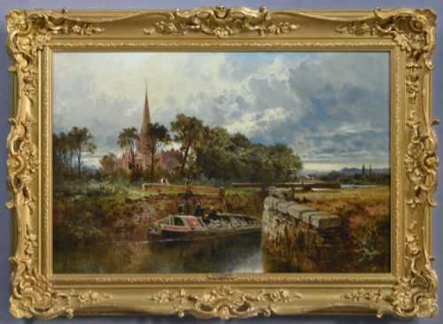 LANDSCAPE OIL PAINTING OF A CANAL BOAT AT STRATFORD UPON AVON BY BENJAMIN WILLIAMS LEADER RA