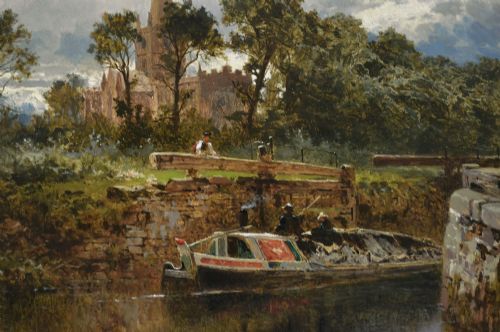 LANDSCAPE OIL PAINTING OF A CANAL BOAT AT STRATFORD UPON AVON BY BENJAMIN WILLIAMS LEADER RA - ADDITIONAL PHOTO 2