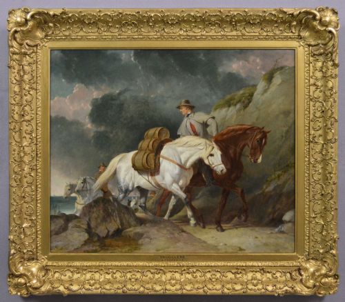 OIL PAINTING OF SMUGGLERS WITH HORSES ON A COASTAL PATH BY ABRAHAM COOPER RA