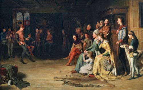 fig 1. A large 19th-century horizontal oil painting depicting costume dancers entertaining figures in a timbered hall, enclosed within a deep carved gold giltwood frame.