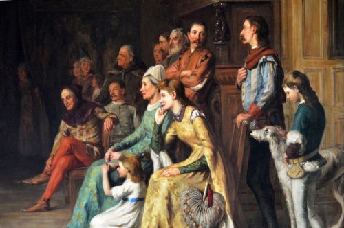 fig 2. A large 19th-century horizontal oil painting depicting costume dancers entertaining figures in a timbered hall, enclosed within a deep carved gold giltwood frame.