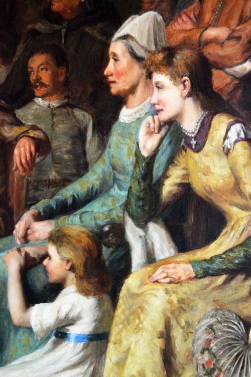 fig 3. A large 19th-century horizontal oil painting depicting costume dancers entertaining figures in a timbered hall, enclosed within a deep carved gold giltwood frame.