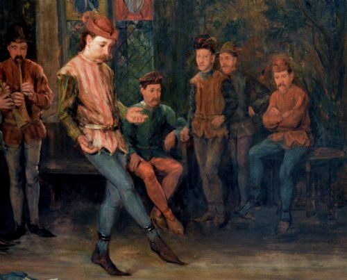 fig 4. A large 19th-century horizontal oil painting depicting costume dancers entertaining figures in a timbered hall, enclosed within a deep carved gold giltwood frame.