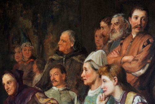 fig 5. A large 19th-century horizontal oil painting depicting costume dancers entertaining figures in a timbered hall, enclosed within a deep carved gold giltwood frame.