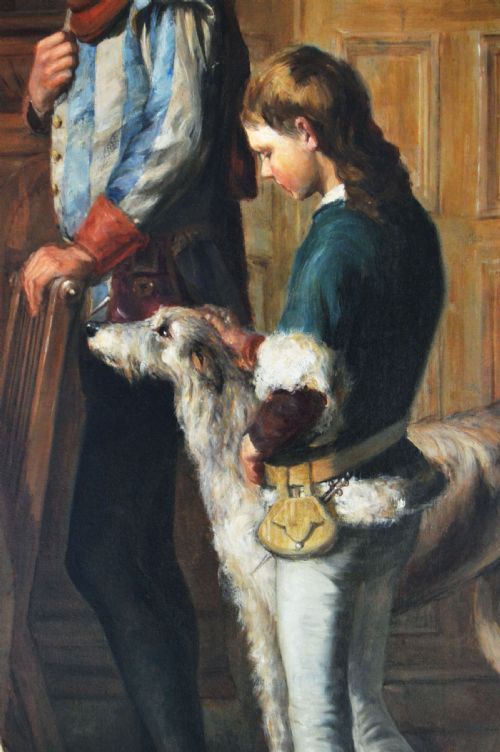 fig 6. A large 19th-century horizontal oil painting depicting costume dancers entertaining figures in a timbered hall, enclosed within a deep carved gold giltwood frame.