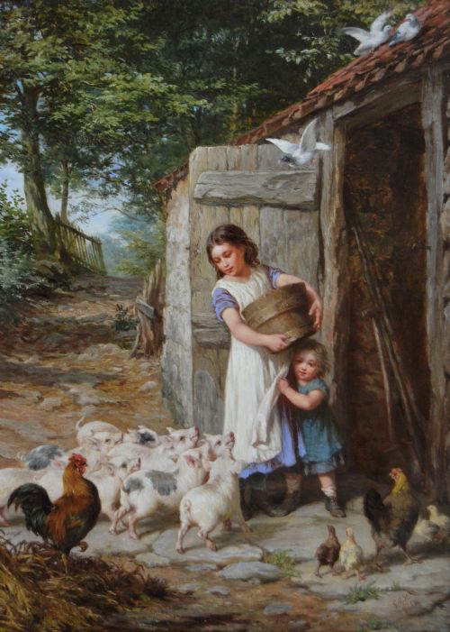 fig 1. Victorian genre oil painting depicting two children feeding farmyard piglets and poultry beside a stone barn, set in a carved gilt frame.