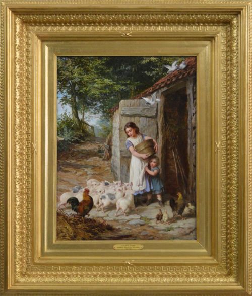 Genre Oil Painting of Two Girls Feeding Piglets & Chickens by George Augustus Holmes