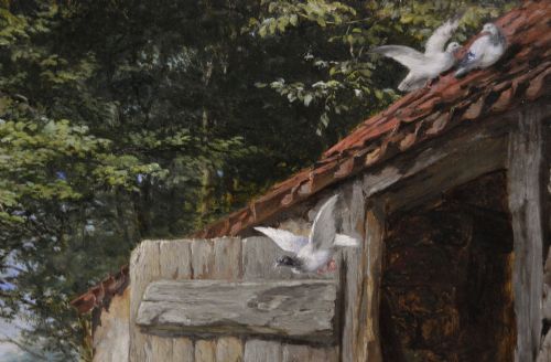 fig 4. Victorian genre oil painting depicting two children feeding farmyard piglets and poultry beside a stone barn, set in a carved gilt frame.