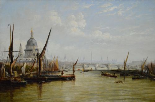 fig 1. A nineteenth-century oil painting depicting sailing barges on the River Thames with St Pauls Cathedral in the background, set within an ornate gilded frame.