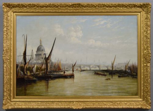 Townscape Oil Painting of Boats on the River Thames with St Pauls & Blackfriars Bridge by Francis Moltino