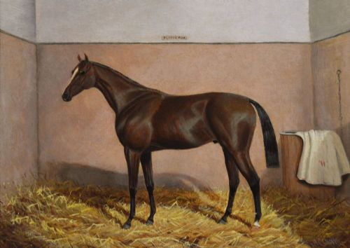 fig 1. An oil painting of a brown bay racehorse standing in a straw-filled stable stall set within an ornate gold gilt frame.
