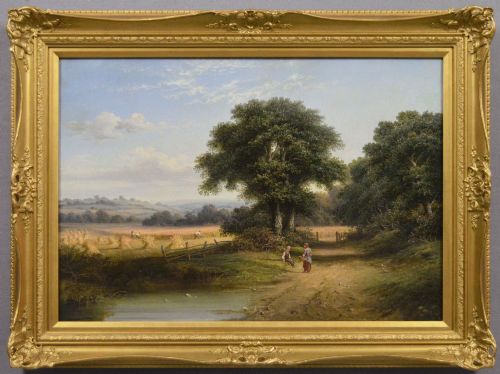 Landscape Oil Painting of Figures Near a Harvest Field by Walter Heath Williams