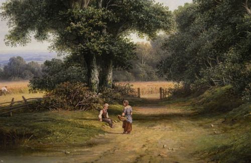 fig 2. A 19th-century Victorian oil painting depicting a rural harvest field with figures along a dirt track, presented in an ornate giltwood frame.