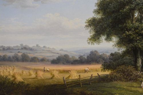 fig 3. A 19th-century Victorian oil painting depicting a rural harvest field with figures along a dirt track, presented in an ornate giltwood frame.