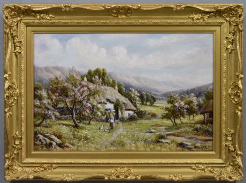 Landscape Oil Painting of a Figure Outside a Cottage by Robert John Hammond