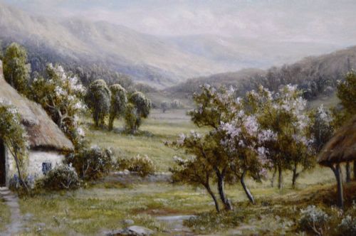 fig 3. A framed oil painting depicting a thatched rural cottage surrounded by blossom trees with a figure outside and hills in the background.