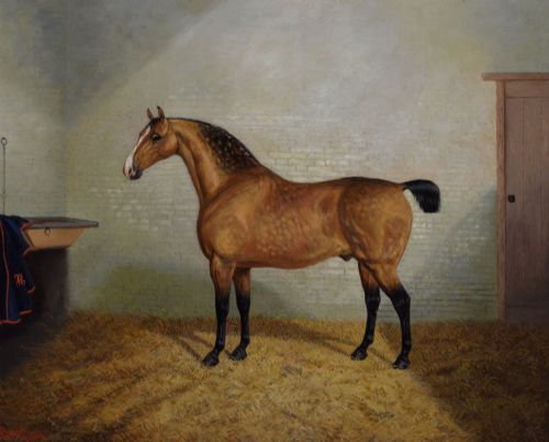 fig 1. A nineteenth-century oil painting featuring a dappled buckskin horse standing in profile inside a stable, framed by a timber surround with a gilt inner slip.