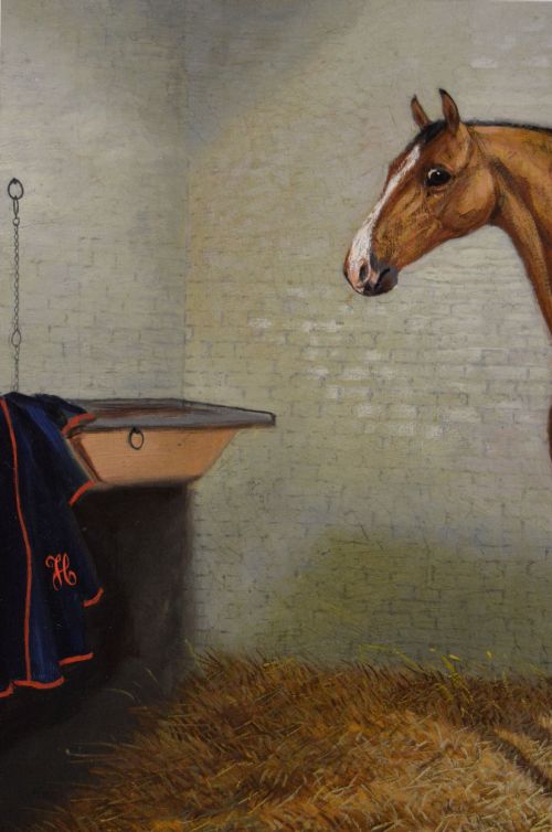 fig 3. A nineteenth-century oil painting featuring a dappled buckskin horse standing in profile inside a stable, framed by a timber surround with a gilt inner slip.