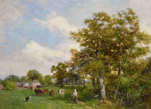 fig 1. A Victorian landscape oil painting depicting a woman and a dog herding cattle in a grassy field, set within a heavily decorated gilded frame.