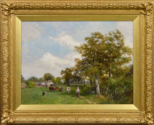 Landscape Oil Painting of a Woman & a Dog Herding Cows by David Bates