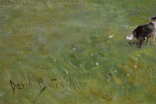 fig 4. A Victorian landscape oil painting depicting a woman and a dog herding cattle in a grassy field, set within a heavily decorated gilded frame.