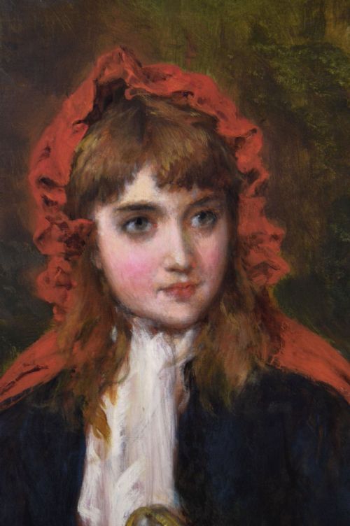 fig 2. An oil painting depicting a young woman in a red bonnet holding a wicker basket of apples, presented in an ornate gilded frame.