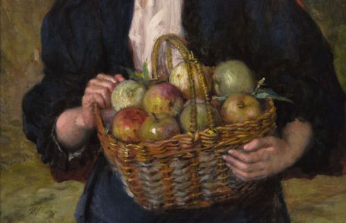 fig 3. An oil painting depicting a young woman in a red bonnet holding a wicker basket of apples, presented in an ornate gilded frame.