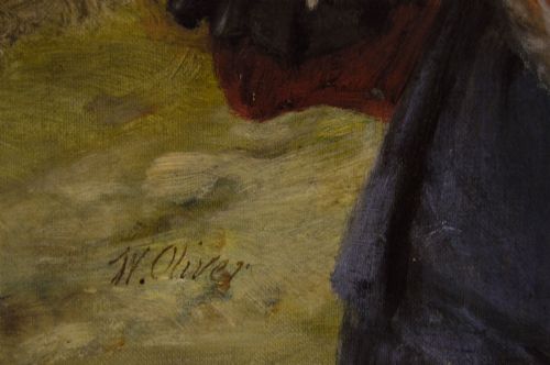 fig 4. An oil painting depicting a young woman in a red bonnet holding a wicker basket of apples, presented in an ornate gilded frame.