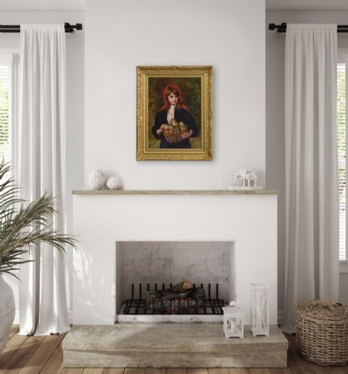 fig 5. An oil painting depicting a young woman in a red bonnet holding a wicker basket of apples, presented in an ornate gilded frame.