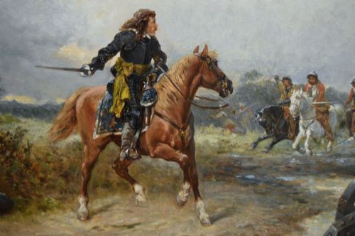 fig 2. An oil painting depicting an English Civil War cavalry engagement framed in an ornate gold giltwood frame.