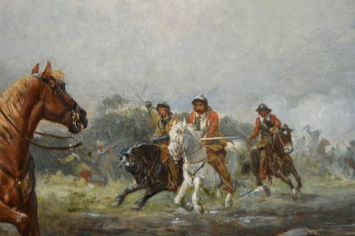 fig 4. An oil painting depicting an English Civil War cavalry engagement framed in an ornate gold giltwood frame.