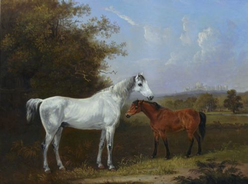fig 1. A 19th-century oil painting depicting a grey mare and a bay foal standing in a rural landscape with Windsor Castle in the distance, set within a beaded gold frame.