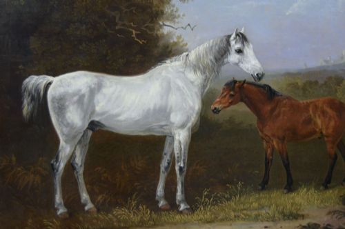 fig 2. A 19th-century oil painting depicting a grey mare and a bay foal standing in a rural landscape with Windsor Castle in the distance, set within a beaded gold frame.