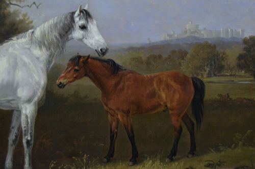 fig 3. A 19th-century oil painting depicting a grey mare and a bay foal standing in a rural landscape with Windsor Castle in the distance, set within a beaded gold frame.
