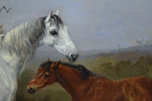 fig 4. A 19th-century oil painting depicting a grey mare and a bay foal standing in a rural landscape with Windsor Castle in the distance, set within a beaded gold frame.