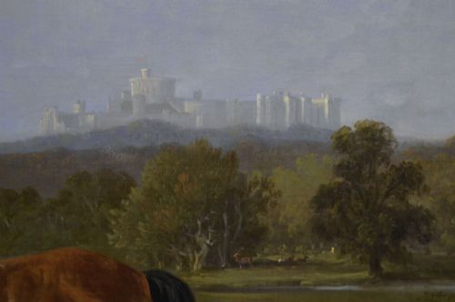 fig 5. A 19th-century oil painting depicting a grey mare and a bay foal standing in a rural landscape with Windsor Castle in the distance, set within a beaded gold frame.