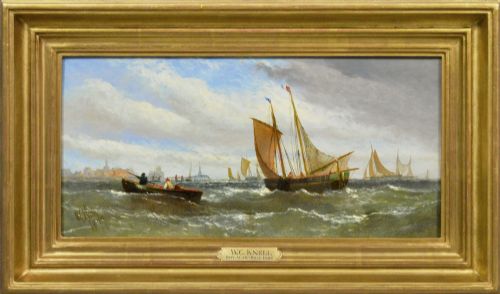 Seascape Oil Painting of Fishing Boats Off a Harbour by William Calcott Knell