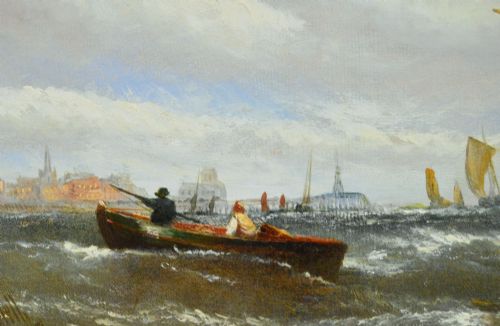 fig 2. A Victorian maritime oil painting depicting sailing vessels and a small rowboat on choppy coastal waters set within a moulded gilt frame.