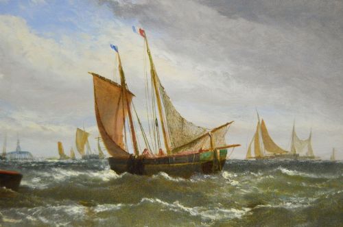 fig 3. A Victorian maritime oil painting depicting sailing vessels and a small rowboat on choppy coastal waters set within a moulded gilt frame.