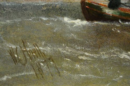 fig 4. A Victorian maritime oil painting depicting sailing vessels and a small rowboat on choppy coastal waters set within a moulded gilt frame.
