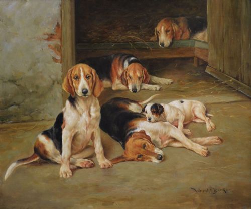fig 1. An oil painting depicting several foxhound puppies and a fox terrier resting on a barn floor, set within a heavy carved gilded frame.