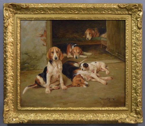 Sporting Dog Oil Painting of Foxhound Puppies & a Fox Terrier Puppy by Wright Barker Rba