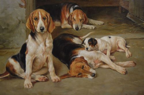fig 3. An oil painting depicting several foxhound puppies and a fox terrier resting on a barn floor, set within a heavy carved gilded frame.